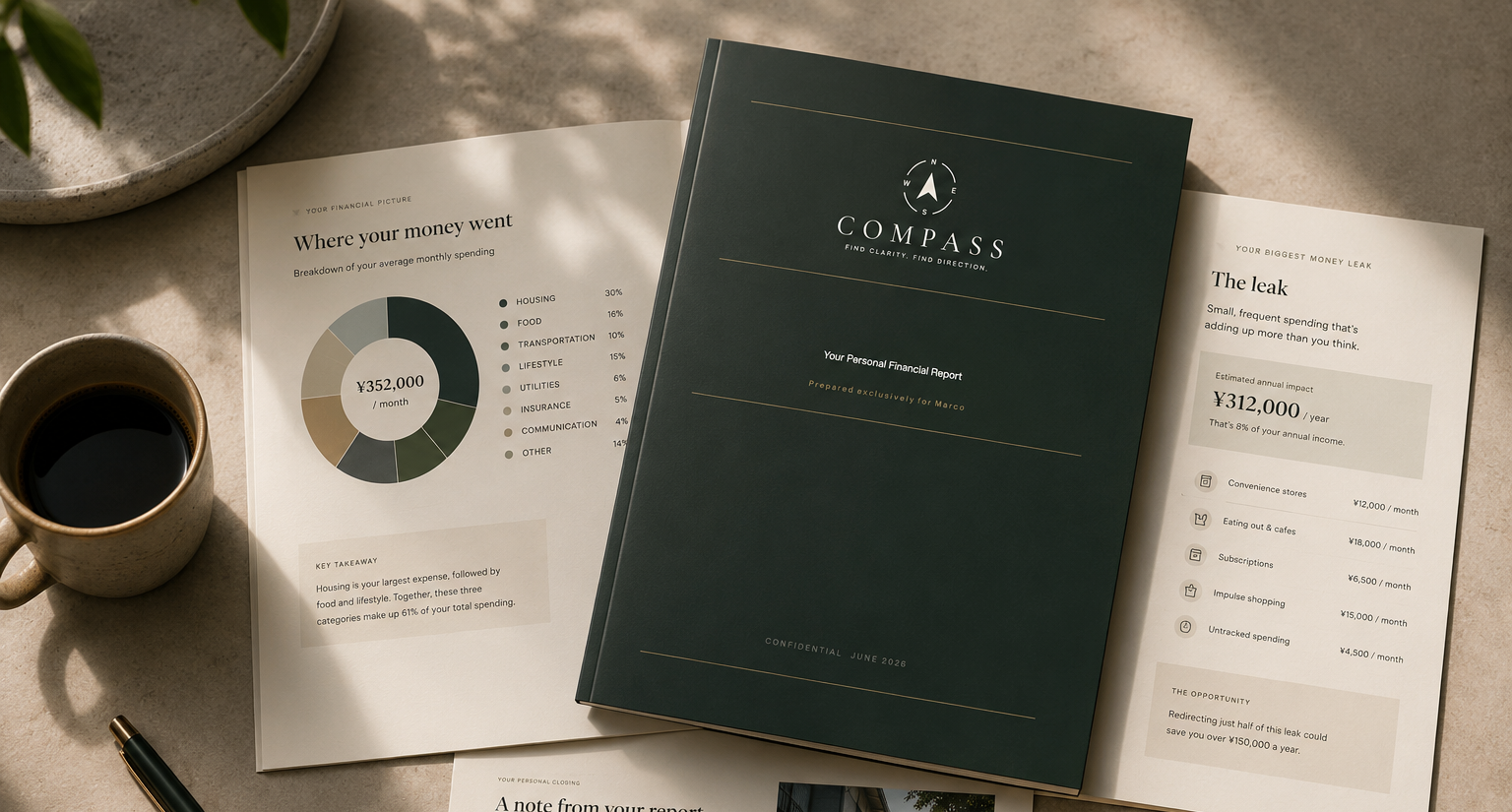 Sample Compass personal financial report spread open on a desk